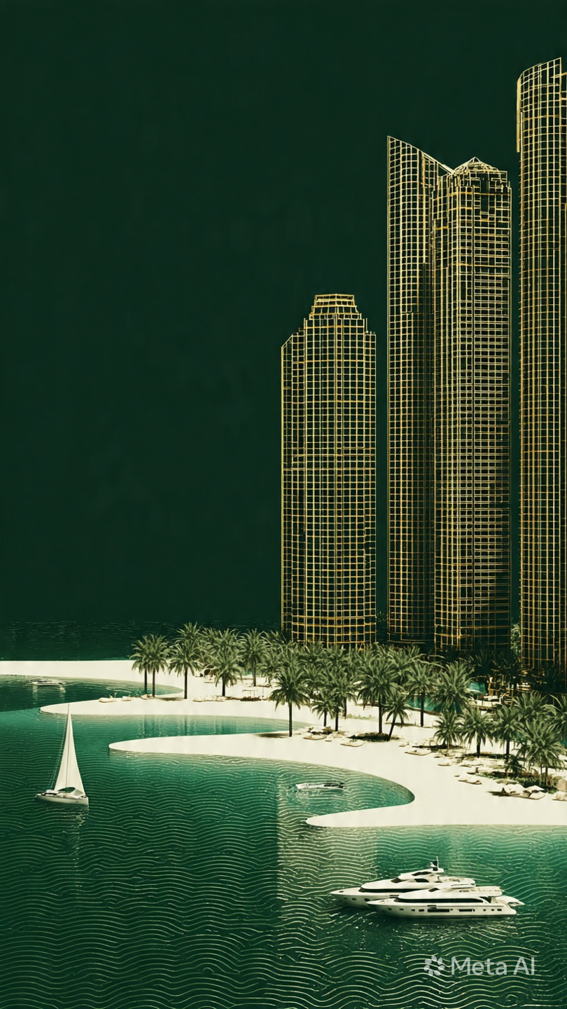 Gold-toned high-rise towers along a palm-lined tropical harbour with yachts at anchor