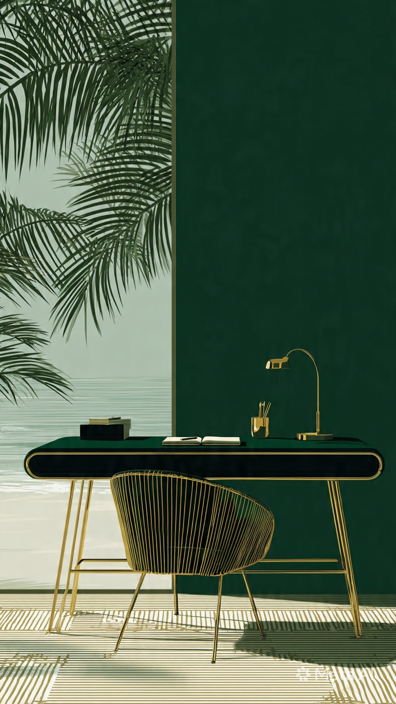 Brass and dark green writing desk with an open notebook, framed by palm fronds