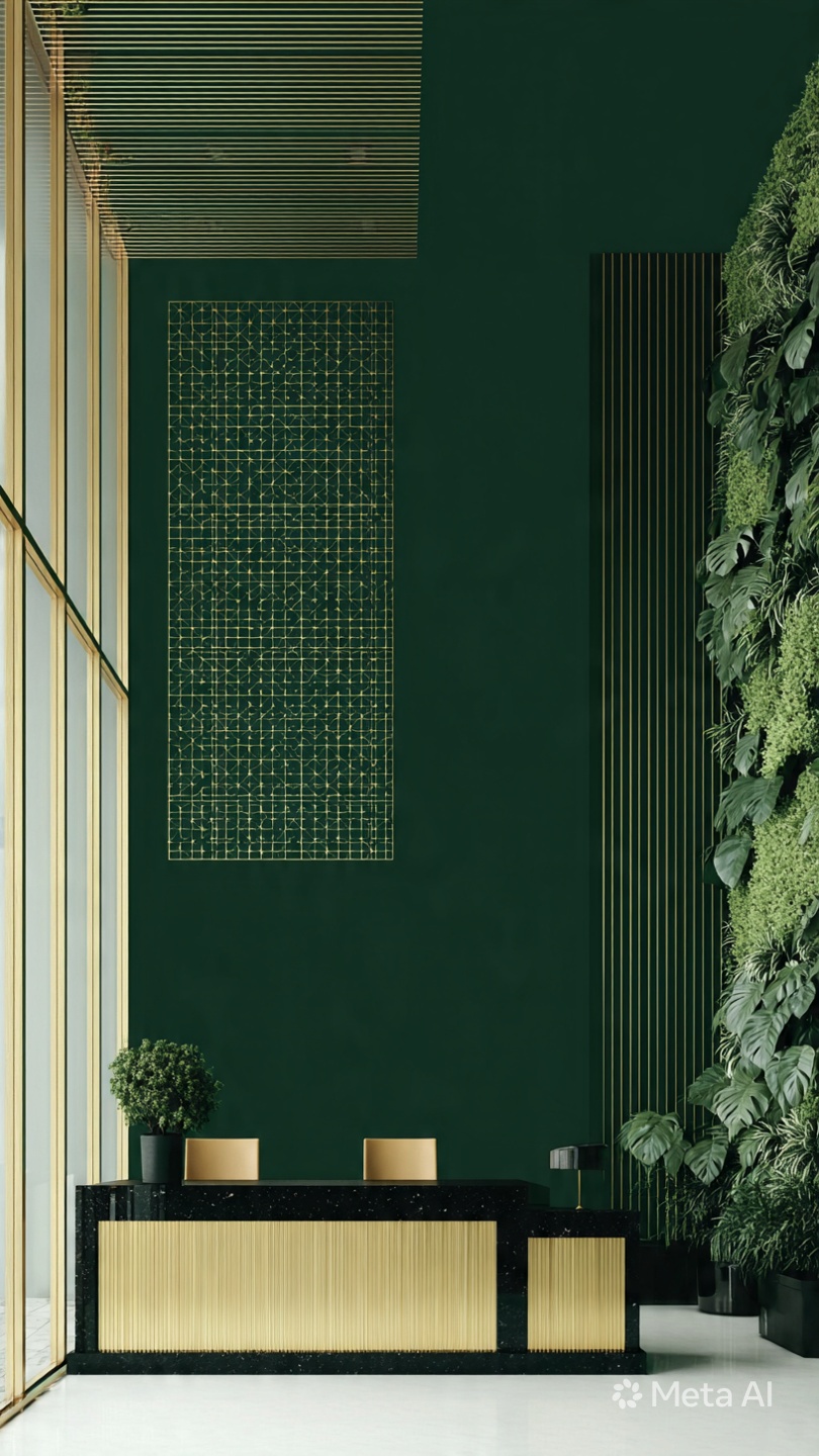Reception desk in a dark green and brass lobby with a living plant wall