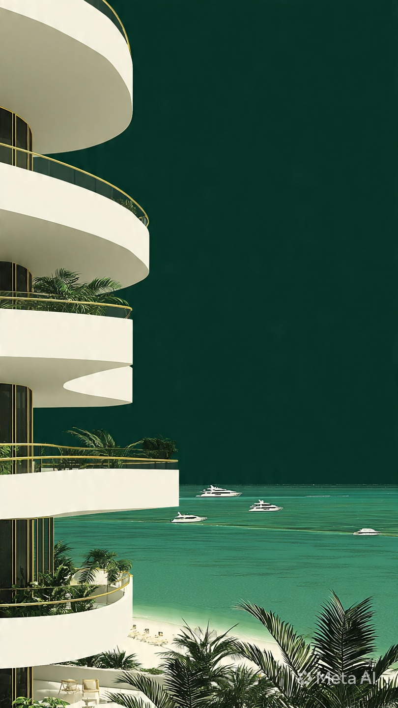 Curved white balconies of a waterfront tower overlooking a turquoise bay